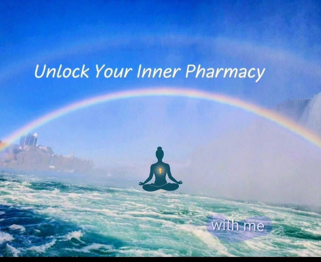 A meditating figure in silhouette beneath a rainbow over a river, evoking stillness and inner awakening