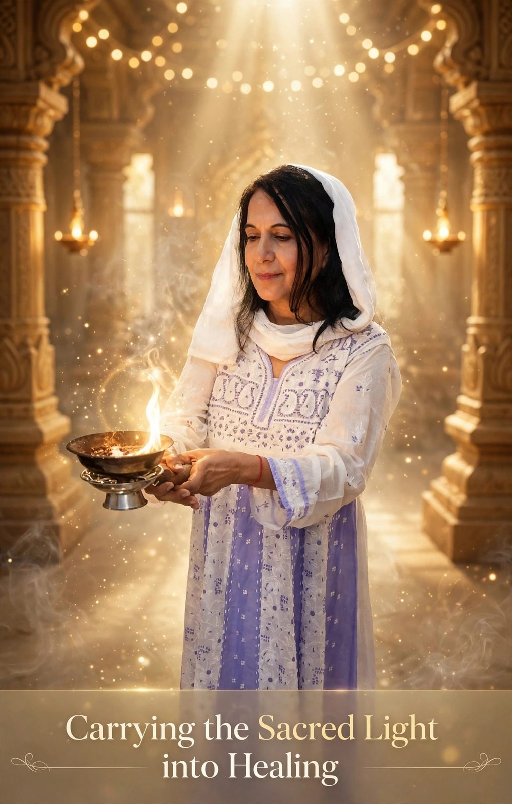 Neetu holding a lit diya in a glowing, temple-like setting, carrying sacred light into her healing practice