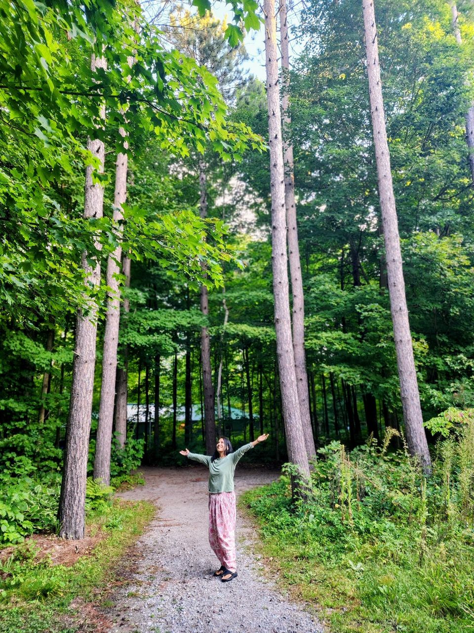 Neetu standing among tall trees on a forest path, arms raised, evoking the expansive, energetic nature of distance Reiki
